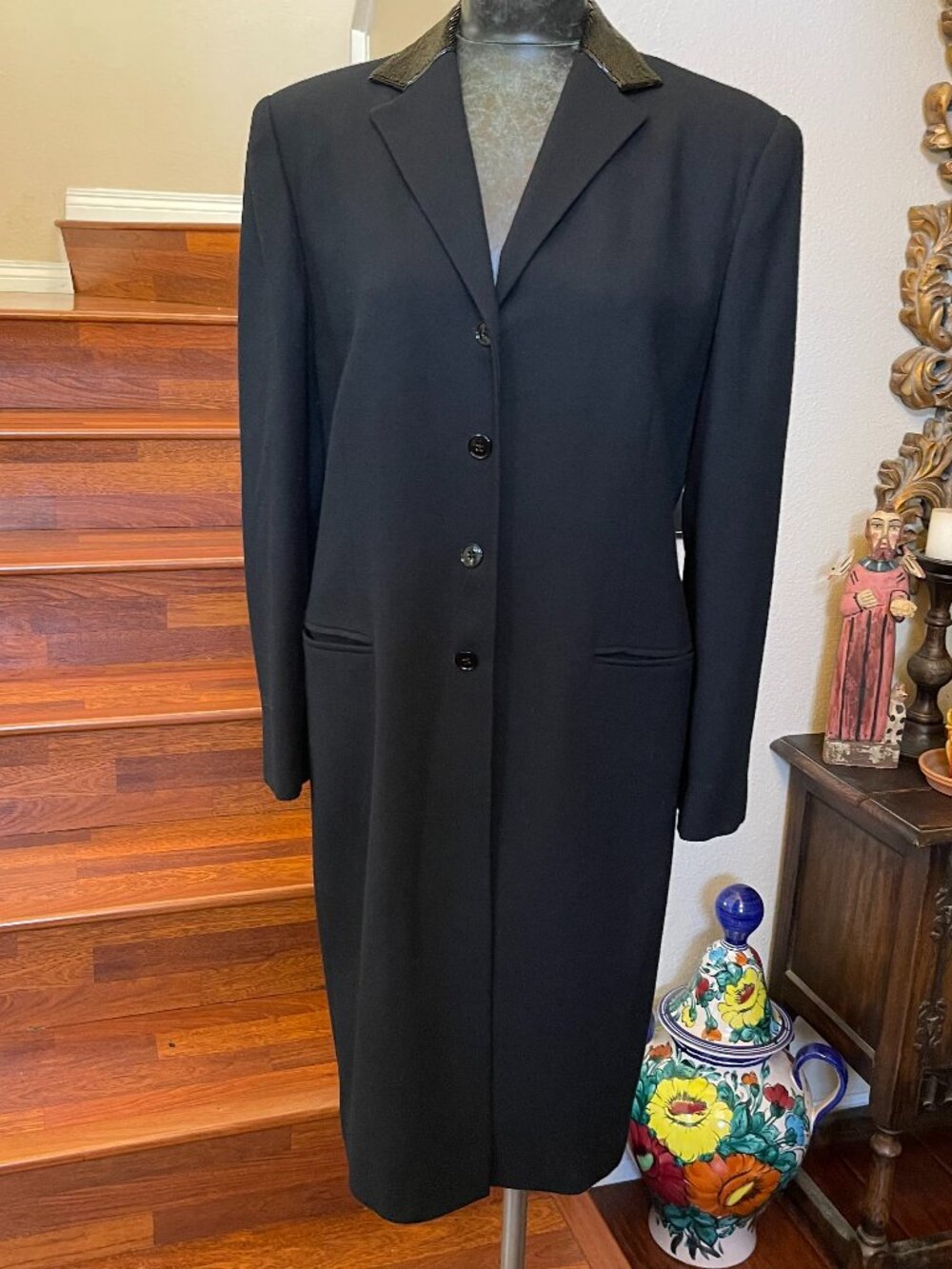 VTG Ralph Lauren Black Eve. Gala Dress Overcoat Beaded Collar M *see desc. size*